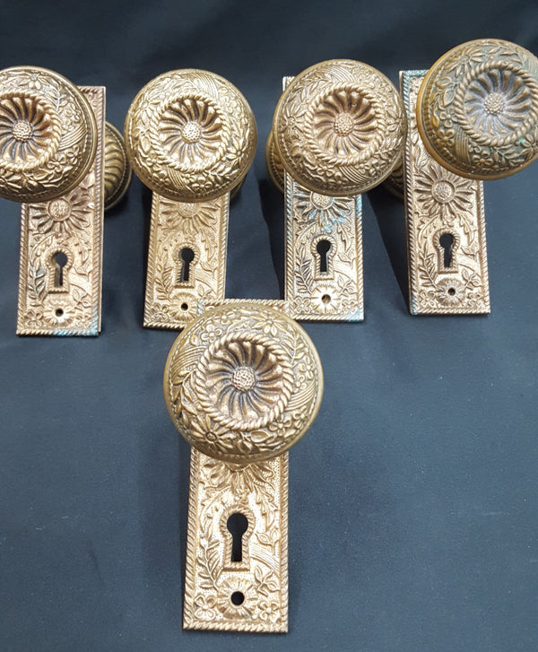 Set of Five Red Brass Ornate High Relief Casting Door Knobs & Backplates #GA2253