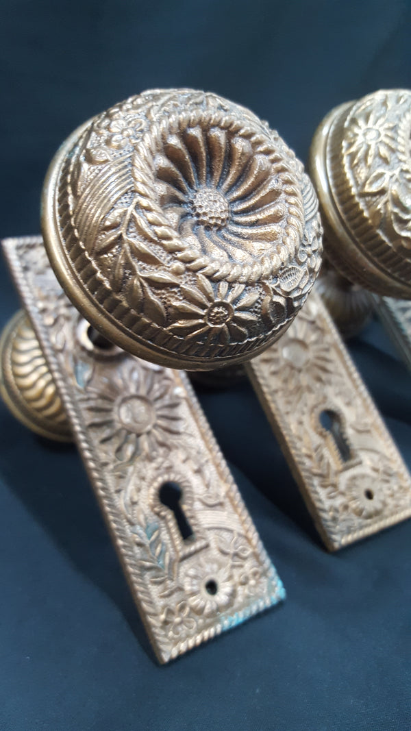 Set of Five Red Brass Ornate High Relief Casting Door Knobs & Backplates #GA2253