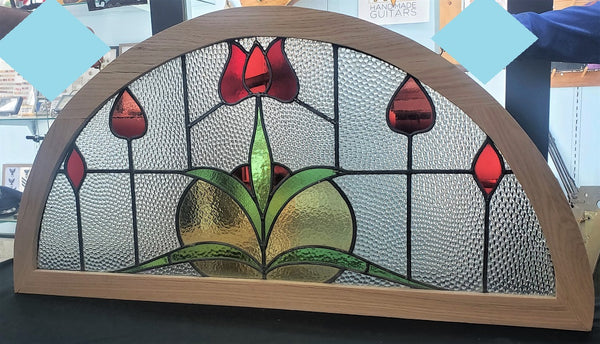 Half Moon Stained Glass Window with Red Tulips in Red Oak Frame #GA2263