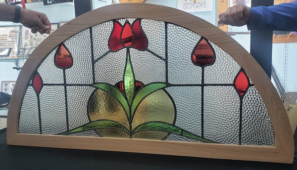 Half Moon Stained Glass Window with Red Tulips in Red Oak Frame #GA2263