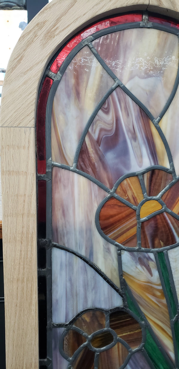 Arch Top Stained Glass Window with Multi Colored Floral Design in Red Oak Frame #GA2265