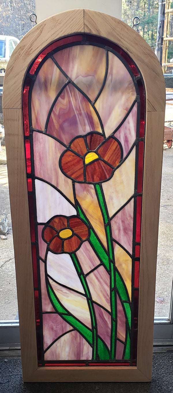 Arch Top Stained Glass Window with Multi Colored Floral Design in Red Oak Frame #GA2265
