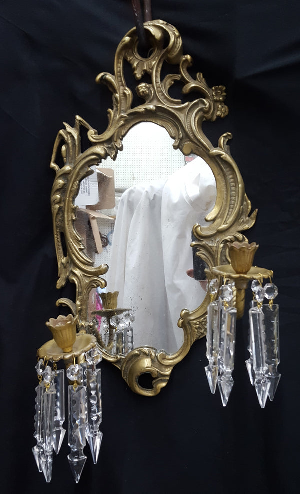 Antique Art Nouveau Brass 2 Candle Mirror Sconce with Hanging Cut Crystal Prisms #GA2288