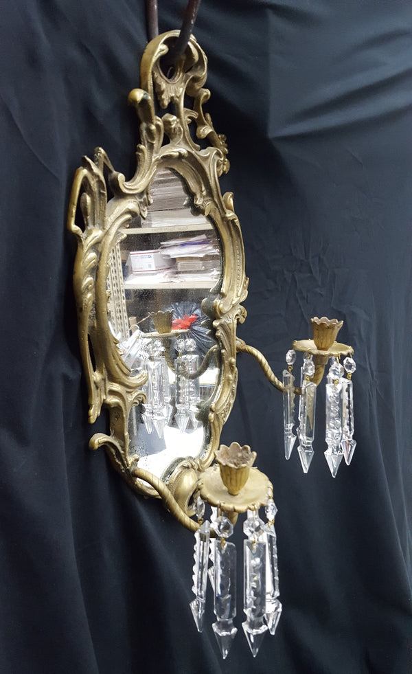 Antique Art Nouveau Brass 2 Candle Mirror Sconce with Hanging Cut Crystal Prisms #GA2288