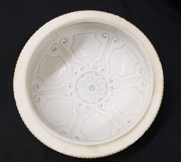 12" Round Flush Mount Embossed Milk White & Amber Glass Shade with Floral Trim #GA9044