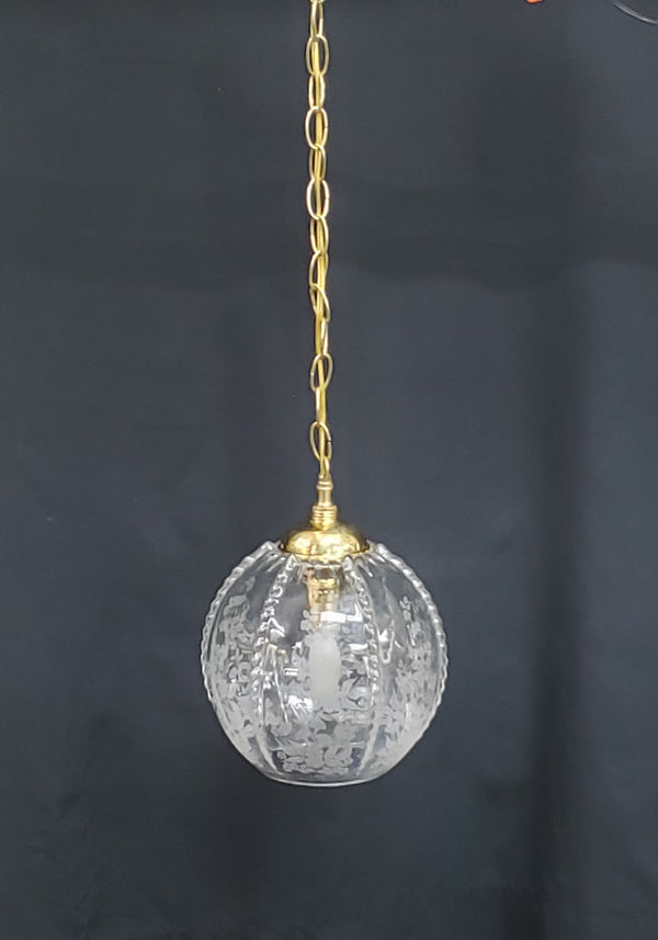 Round Ornate Clear Etched Glass Pendant Light with Chain & Ceiling Cap #GA9059