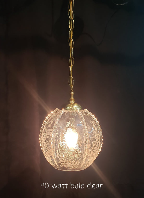 Round Ornate Clear Etched Glass Pendant Light with Chain & Ceiling Cap #GA9059