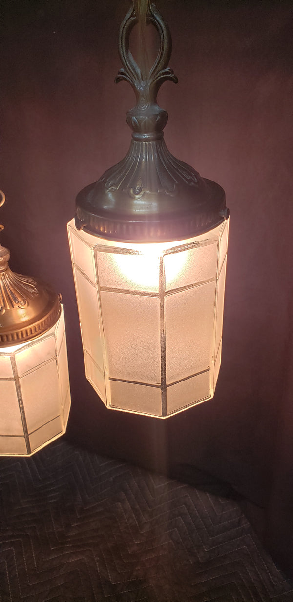 Double Pendant Light with Frosted Octagon Shaped Shades & Matching Ceiling Cap #GA9062
