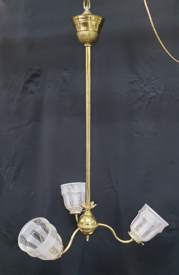 Flush Mount & Rod Drop 3 Light Brass Chandelier with Frosted Striped Shades #GA9101