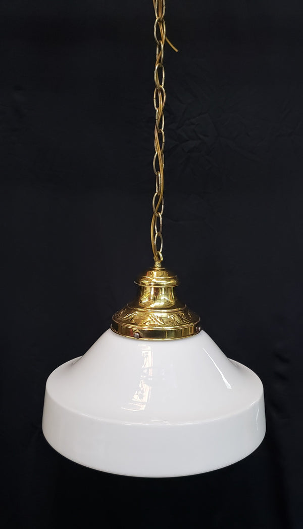 White Milk Glass & Brass Pendant Light with Chain & Ceiling Cap #GA9102