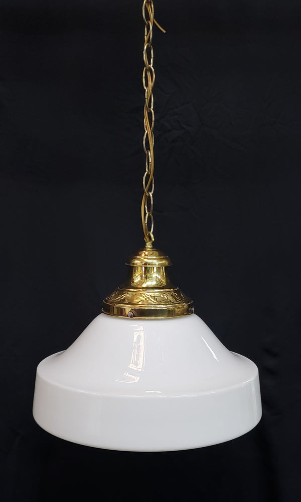 White Milk Glass & Brass Pendant Light with Chain & Ceiling Cap #GA9102