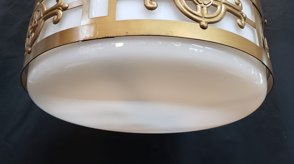 Ornate Brass & White Glass Pendant Light with Geometric Filigree Design - 7 Available #GA9104