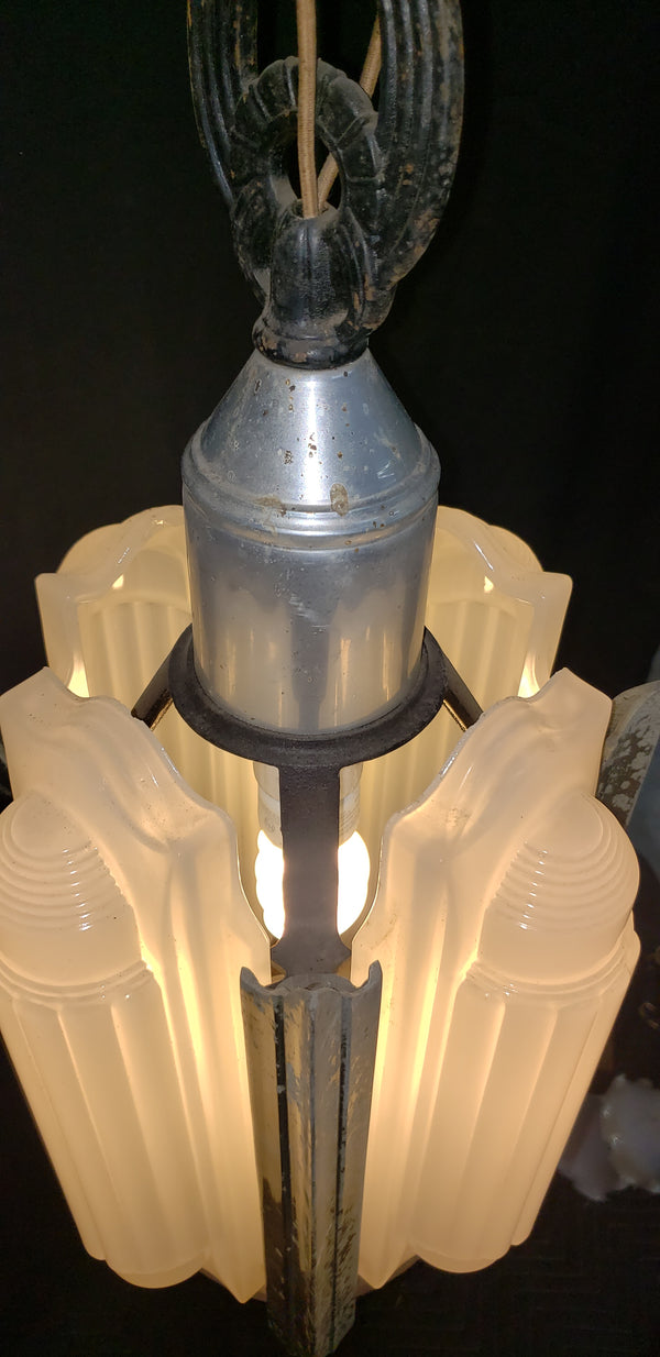 Rare Art Deco Slip Shade Pendant Light with Chrome Trim Ceiling Cap & Chain #GA9105