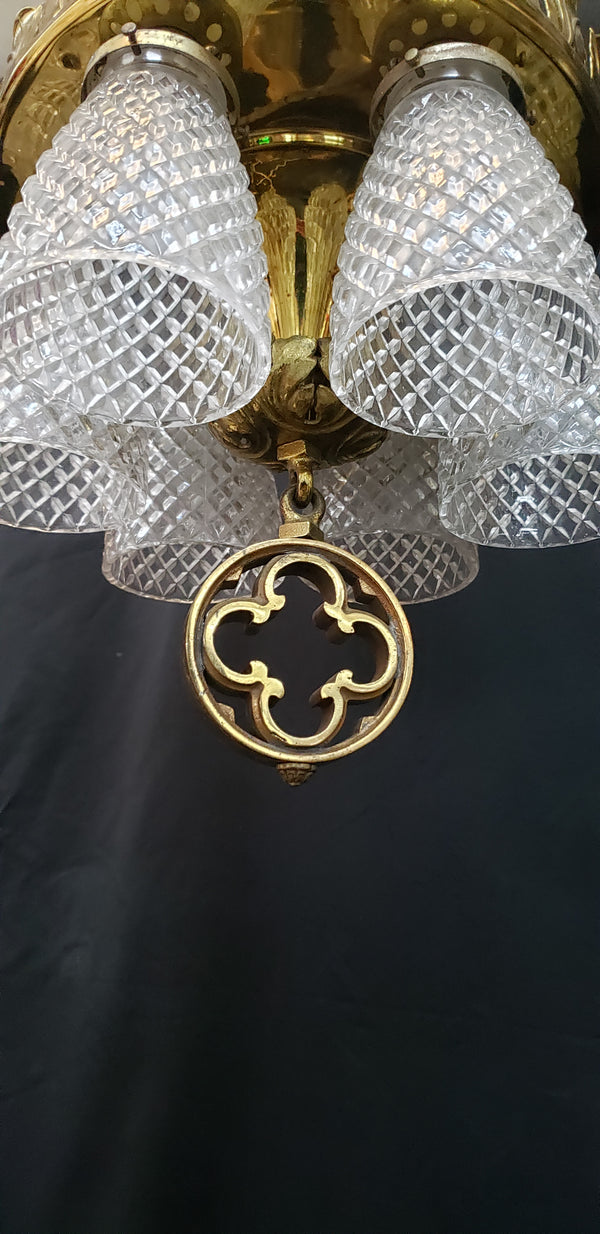 6 Light Ornate Brass Chandelier with Diamond Patterned Shades #GA9106