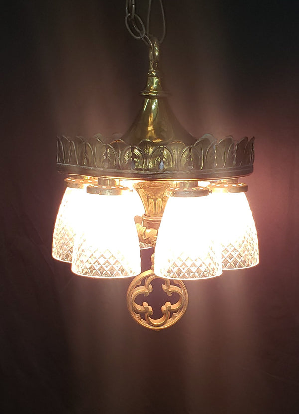 6 Light Ornate Brass Chandelier with Diamond Patterned Shades #GA9106