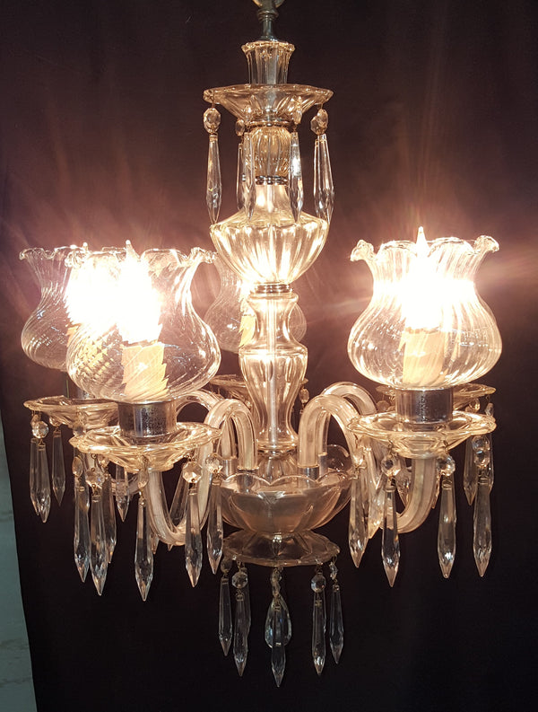 5 Light Crystal Chandelier Faceted Prisms Chrome Trim & Ruffled Striped Shades #GA9110