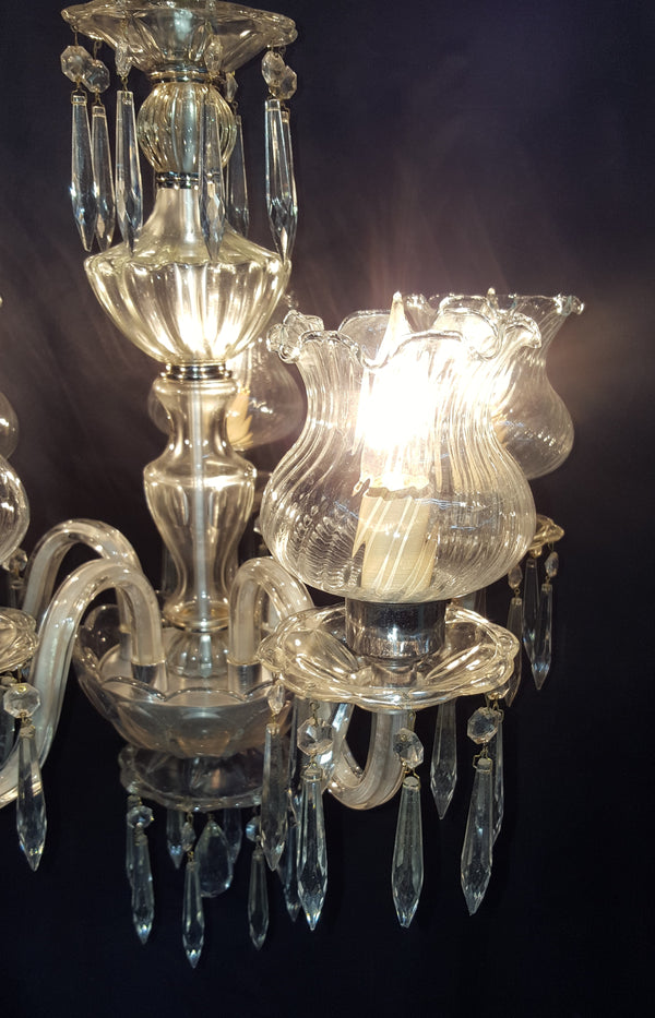 5 Light Crystal Chandelier Faceted Prisms Chrome Trim & Ruffled Striped Shades #GA9110