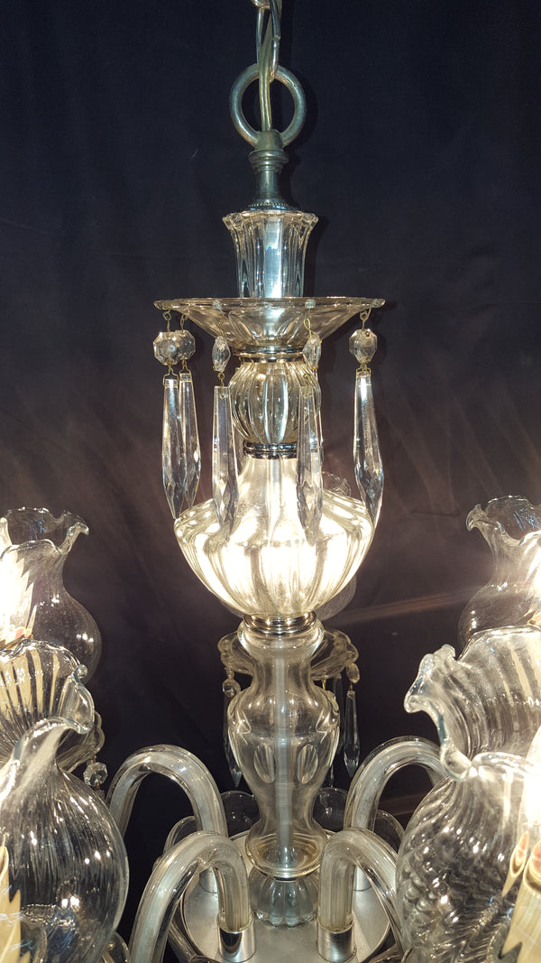 5 Light Crystal Chandelier Faceted Prisms Chrome Trim & Ruffled Striped Shades #GA9110