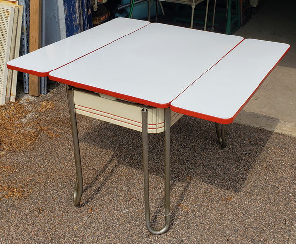 Mid Century Modern White & Red Porcelain Top Draw Table #GA9116