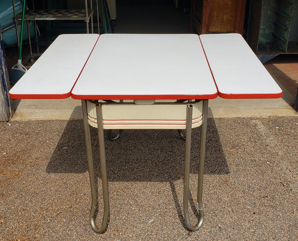 Mid Century Modern White & Red Porcelain Top Draw Table #GA9116