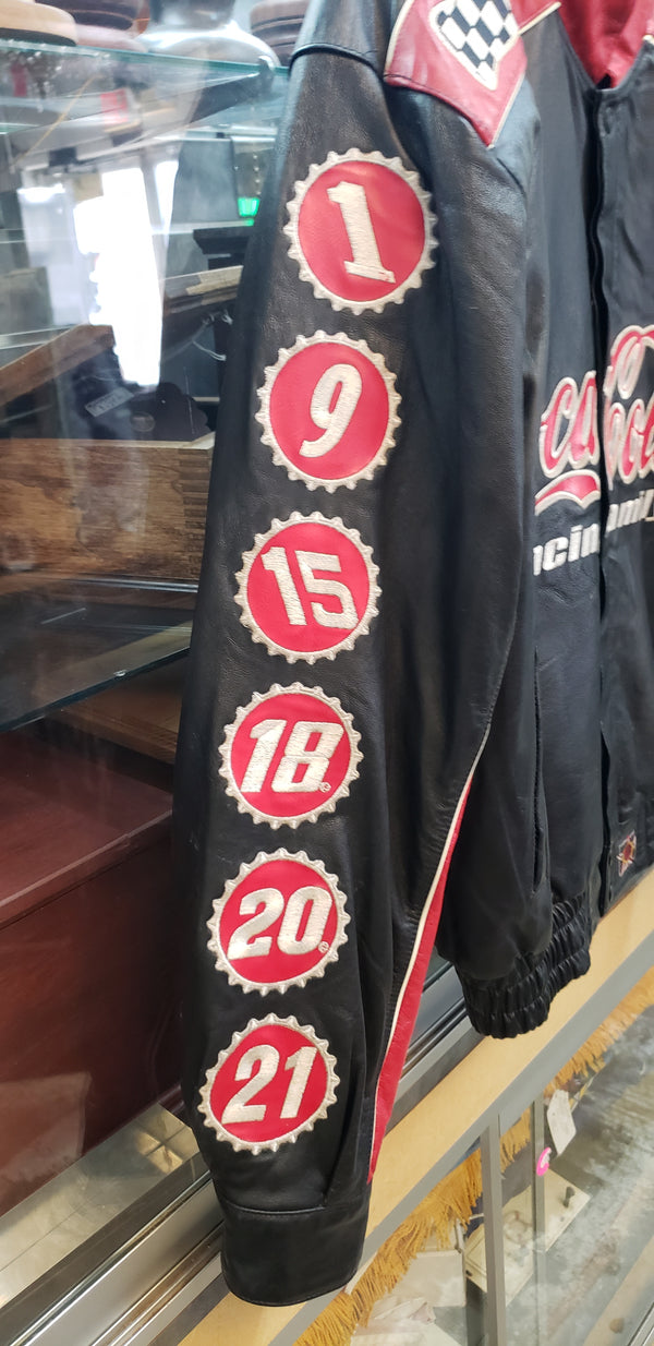 JH Design Coca Cola Racing Family Embroidered Black Leather Jacket Size Medium #Nascarcc