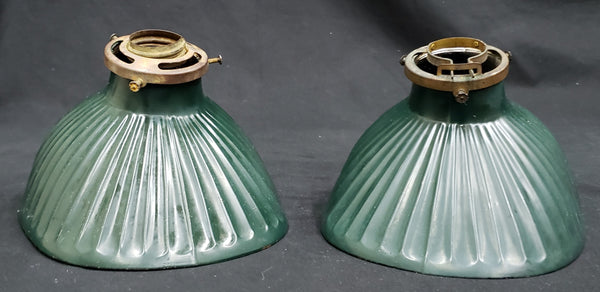 Pair of Antique Green Industrial Light Shades made with Mercury Glass #GA9120