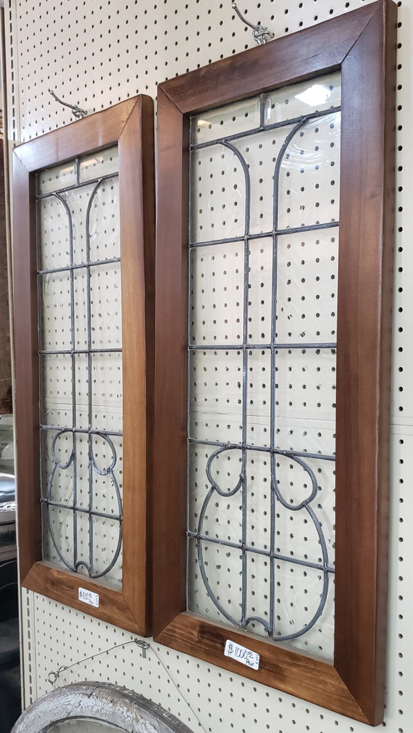 Pair of Textured Leaded Glass Windows in Wood Frames #GA9130