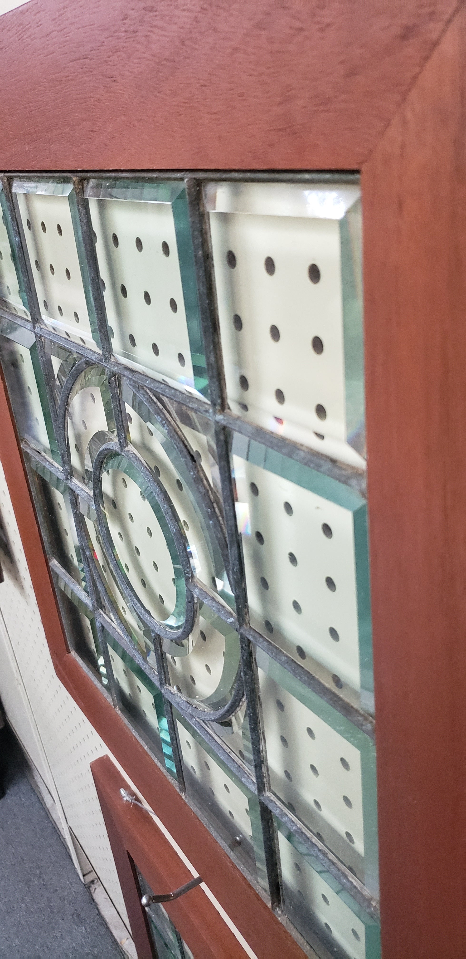 Pair of Beveled Leaded Glass Windows with Center Circle Design in Wood ...