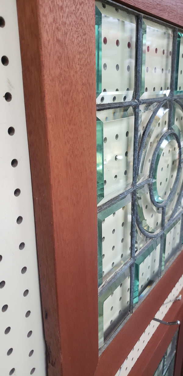 Pair of Beveled Leaded Glass Windows with Center Circle Design in Wood Frames #GA9133