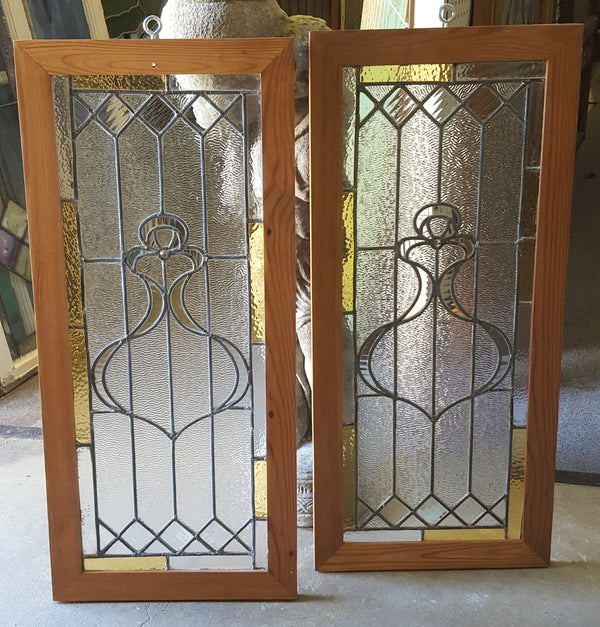 Pair of Art Nouveau Textured Leaded Glass Windows in Wood Frames #GA9136