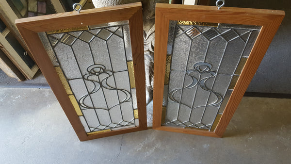 Pair of Art Nouveau Textured Leaded Glass Windows in Wood Frames #GA9136