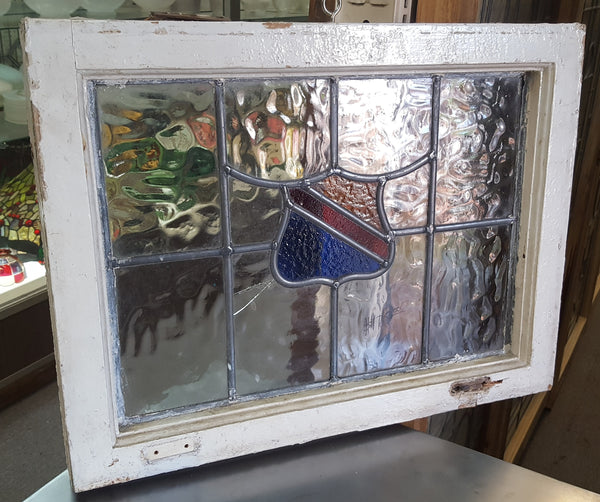 Leaded Textured Glass Window with Stained Center Heraldic Bend 20 3/4" x 15 3/4" #GA9145