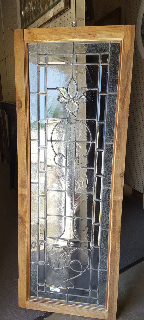 Art Nouveau Textured Leaded Beveled Window in Wood Frame  25 1/2" x 67 3/4" #GA9147