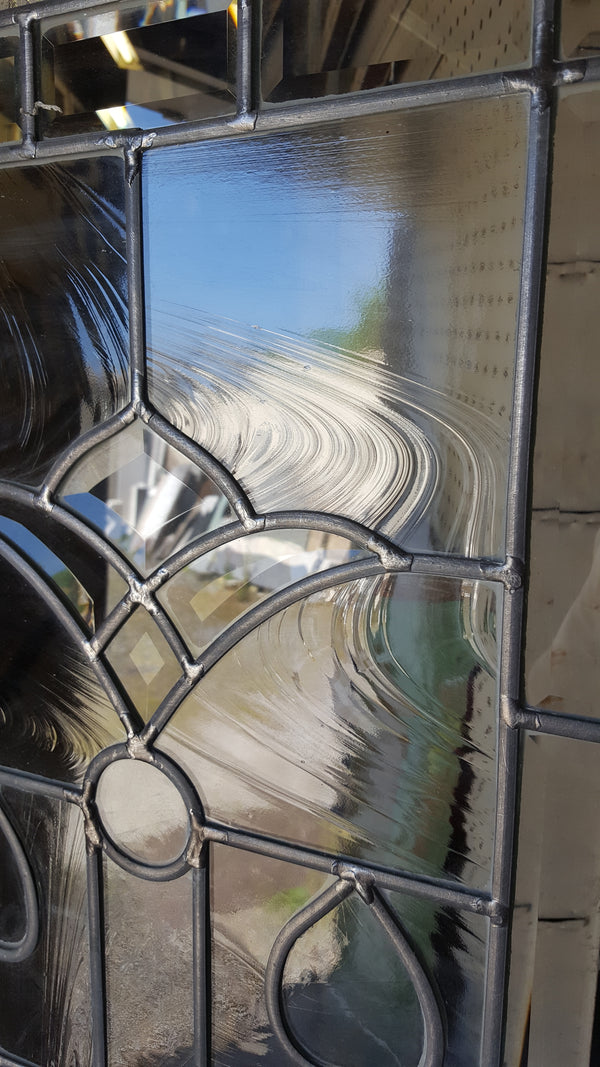 Art Nouveau Textured Leaded Beveled Window in Wood Frame  25 3/4" x 68" #GA9149