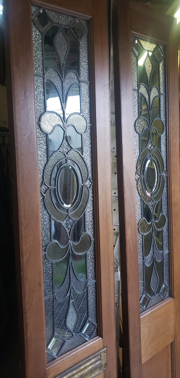 Pair of Textured Leaded Stained Glass Doors in Wood Frames  14" x 82" #GA9153