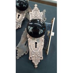 Set of 6 Mortice Lock Sets with Ornate Red Brass Back Plates and Black Porcelain Knobs #GA1178