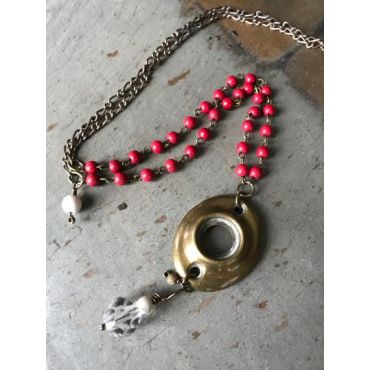 Vintage Sarabeth - Brass & Beaded Doorbell Escutcheon Necklace