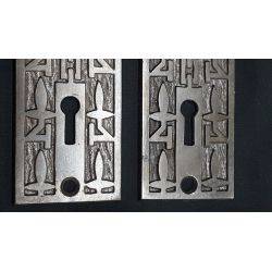 Pair of Cast Iron Door Knob Backplates with Geometric Designs #GA1114