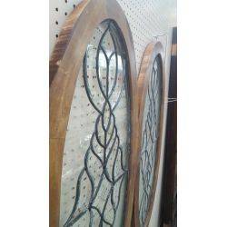 Pair of Oval Beveled Leaded Textured Glass Windows with Custom Hardwood Frames #GA1016