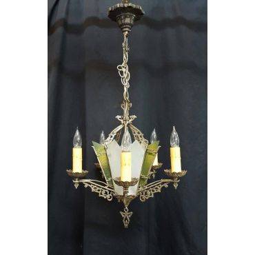Rare Art Deco Cast Iron Stained Glass Slip Shade 6 Light Chandelier with Matching Sconce #GA525