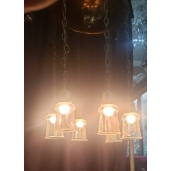 Six Light Round Brass Chandelier with Steuben Etched Glass Iridescent Shades #GA2029