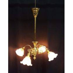 Ornate Brass 4 Light Chandelier with Milk Glass Tulip Shades #GA513