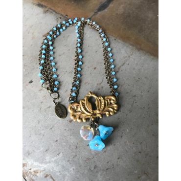 Vintage Sarabeth - Brass Key Hole Necklace With Sky blue Stones