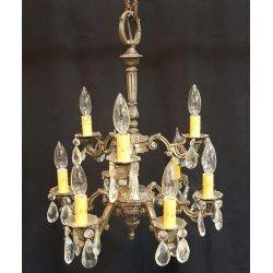 1920's Solid Brass Nickel Plated 9 Light Chandelier with Crystal Prisms #GA517