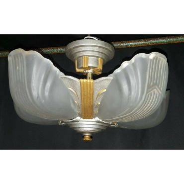 Restored Art Deco Markel Chevron Silver & Gold Slip Shade Ceiling Fixture #GA4403