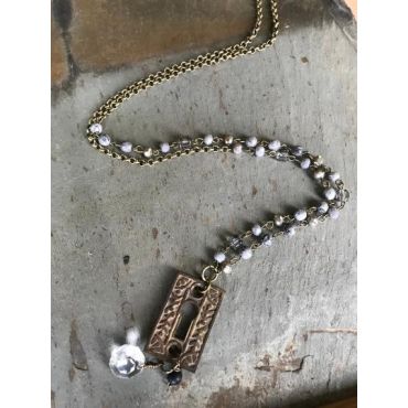 Vintage Sarabeth - Crystal Prism Chain with Brass Eastlake Key Escutcheon Necklace