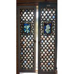 Pair of Tall Narrow Multi-colored Stained Glass Windows #GA4217