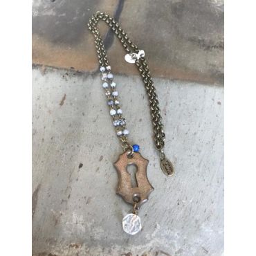 Vintage Sarabeth - Crystal Chain with Brass Key Escutcheon Necklace