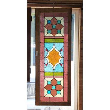Multi-colored Geometric Stained Glass Window in Wood Frame #GA4205