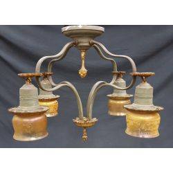 Rare 1920's Wrought Iron 4 Light With Amber Iridescent Shades Chandelier #GA69